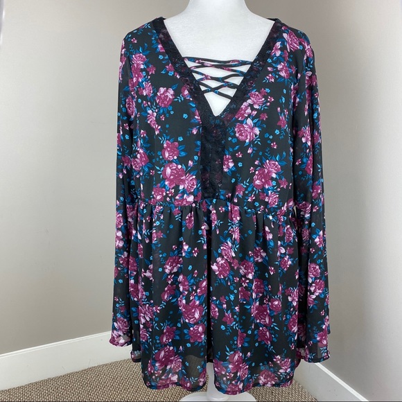 torrid Tops - TORRID FLORAL LACE CRISS CROSS CHEST PEPLUM BLOUSE